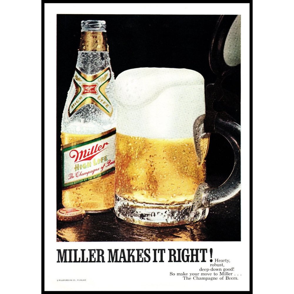 1970 Miller High Life Champagne of Beers Vintage Print Ad Bottle Mug Wall Art